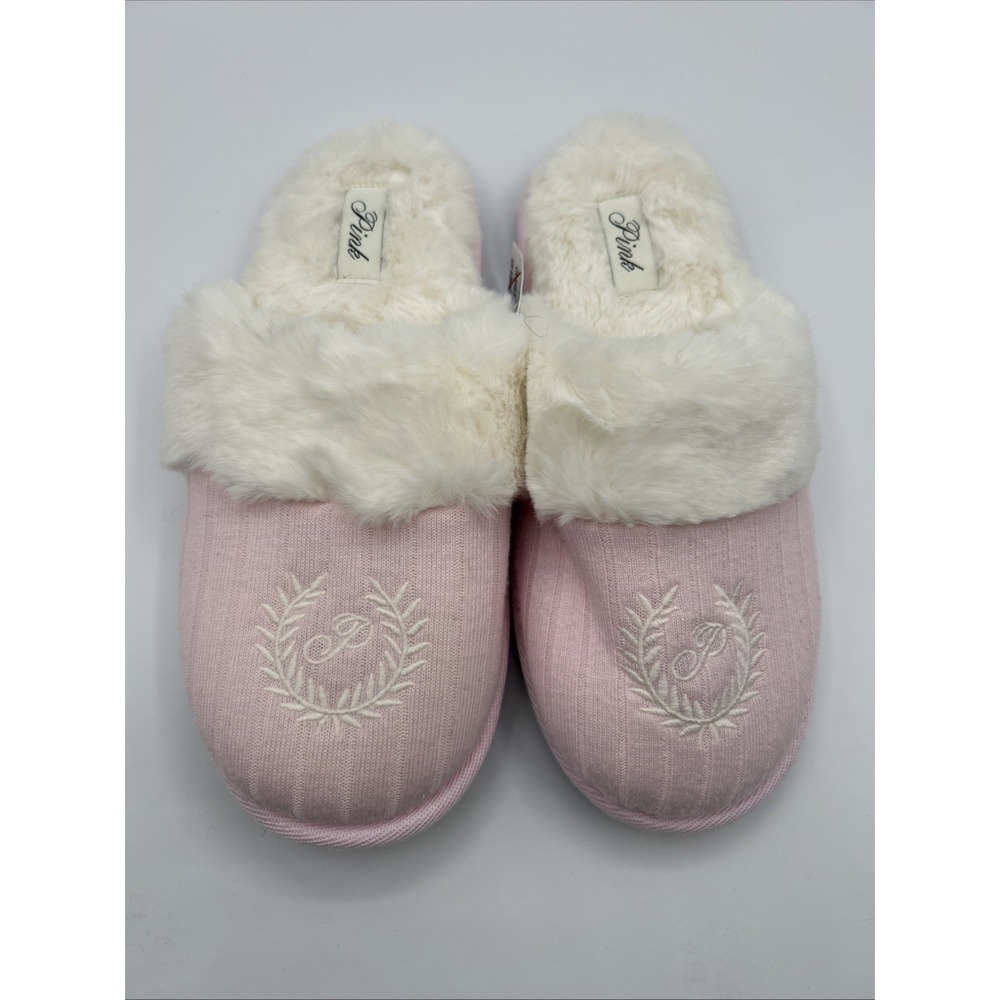 Victoria's Secret PINK Slippers Medium Faux Fur Plush Embroidered Logo NWT